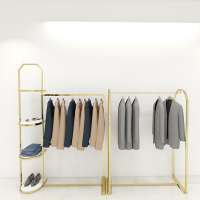 Complete Set for Sale Gold Metal Stainless Multilayer MDF Board Retail Clothing Store Display Rack Stand Shelf